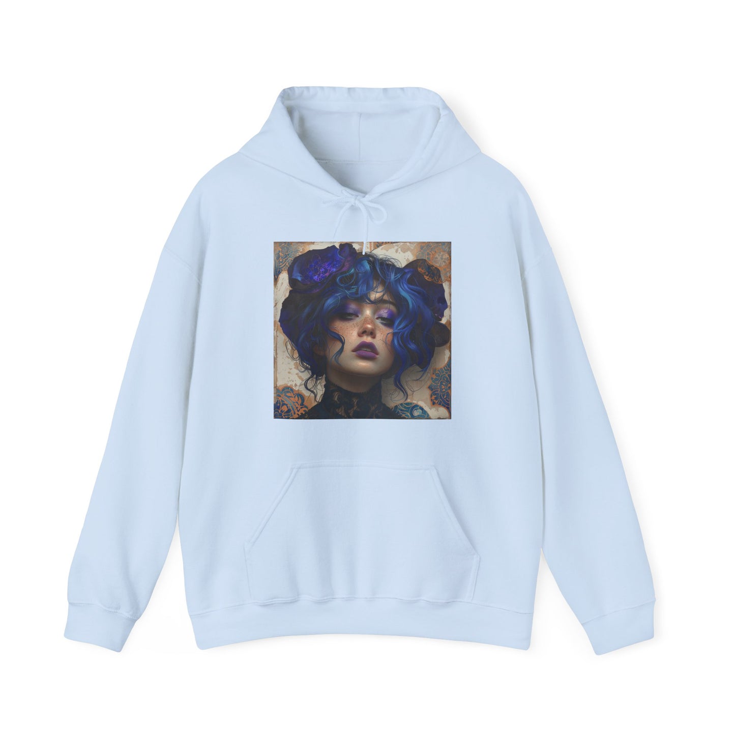 Unisex Heavy Blend™ Hooded Sweatshirt: lady with blue and purple hair