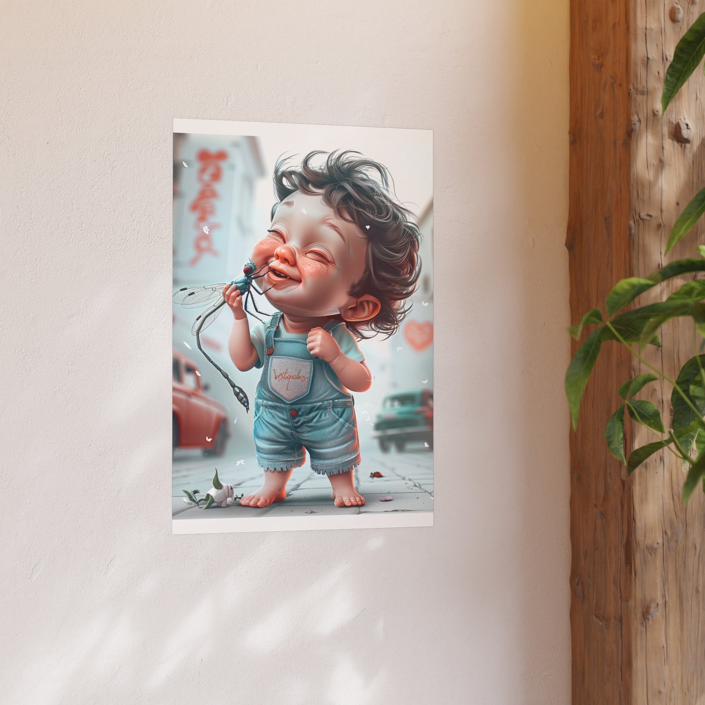 Satin and Archival Matte Posters: Adorable Little Boy with Pet Dragonfly #01