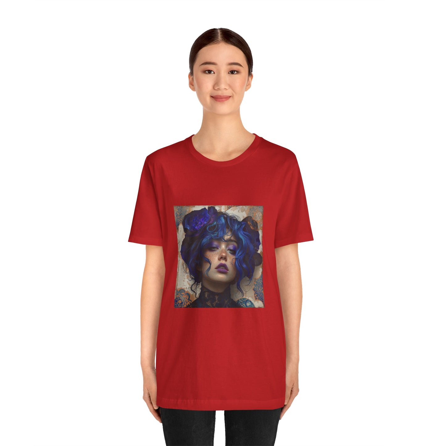 Unisex Jersey Short Sleeve Tee: lady with blue and purple hair