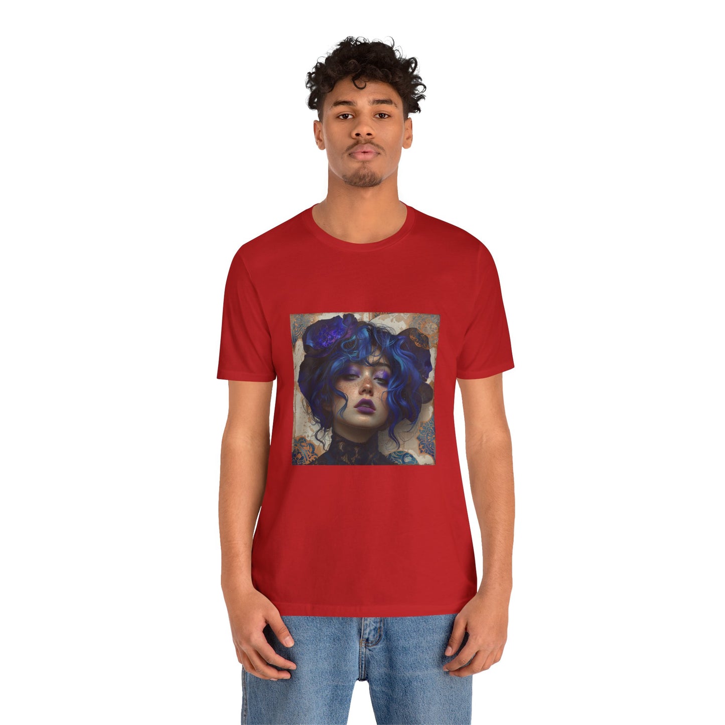 Unisex Jersey Short Sleeve Tee: lady with blue and purple hair