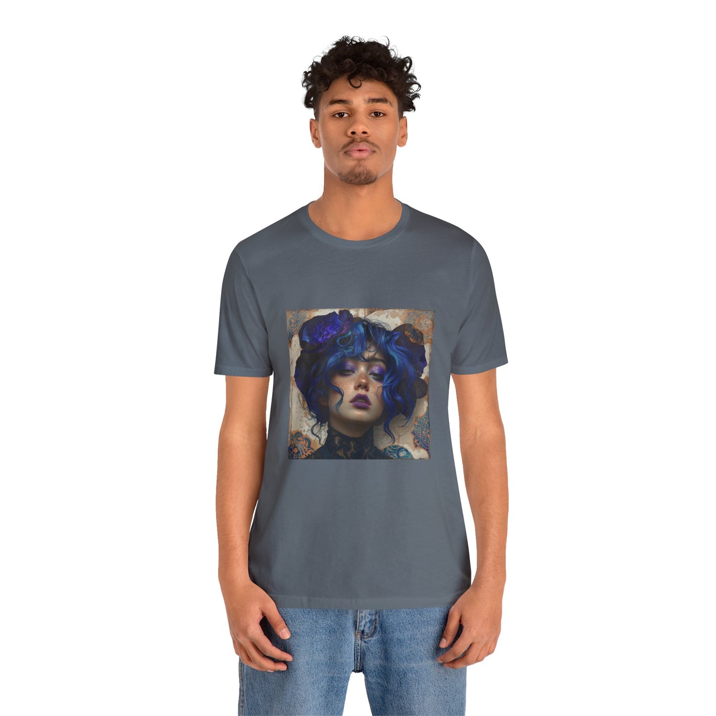 Unisex Jersey Short Sleeve Tee: lady with blue and purple hair