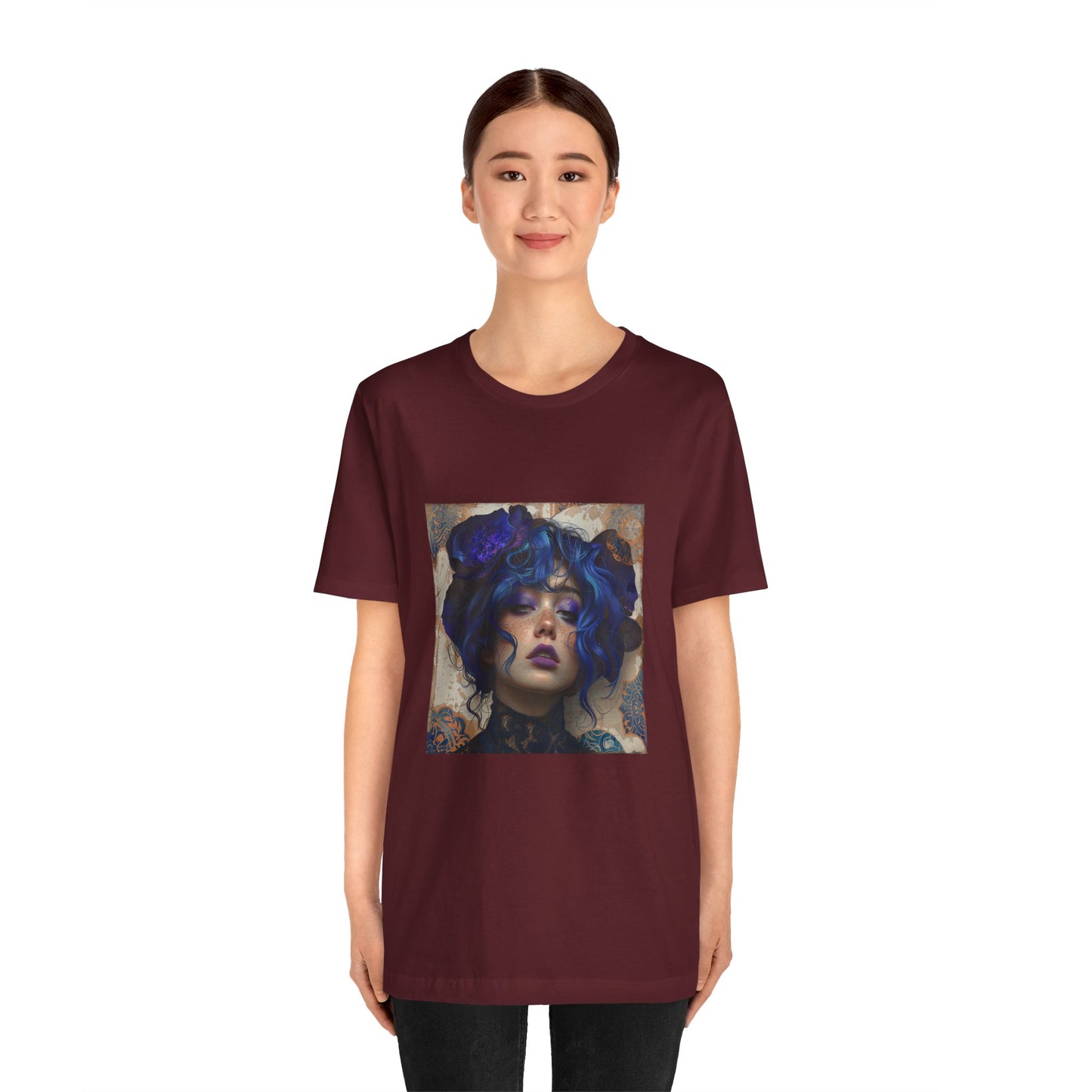 Unisex Jersey Short Sleeve Tee: lady with blue and purple hair