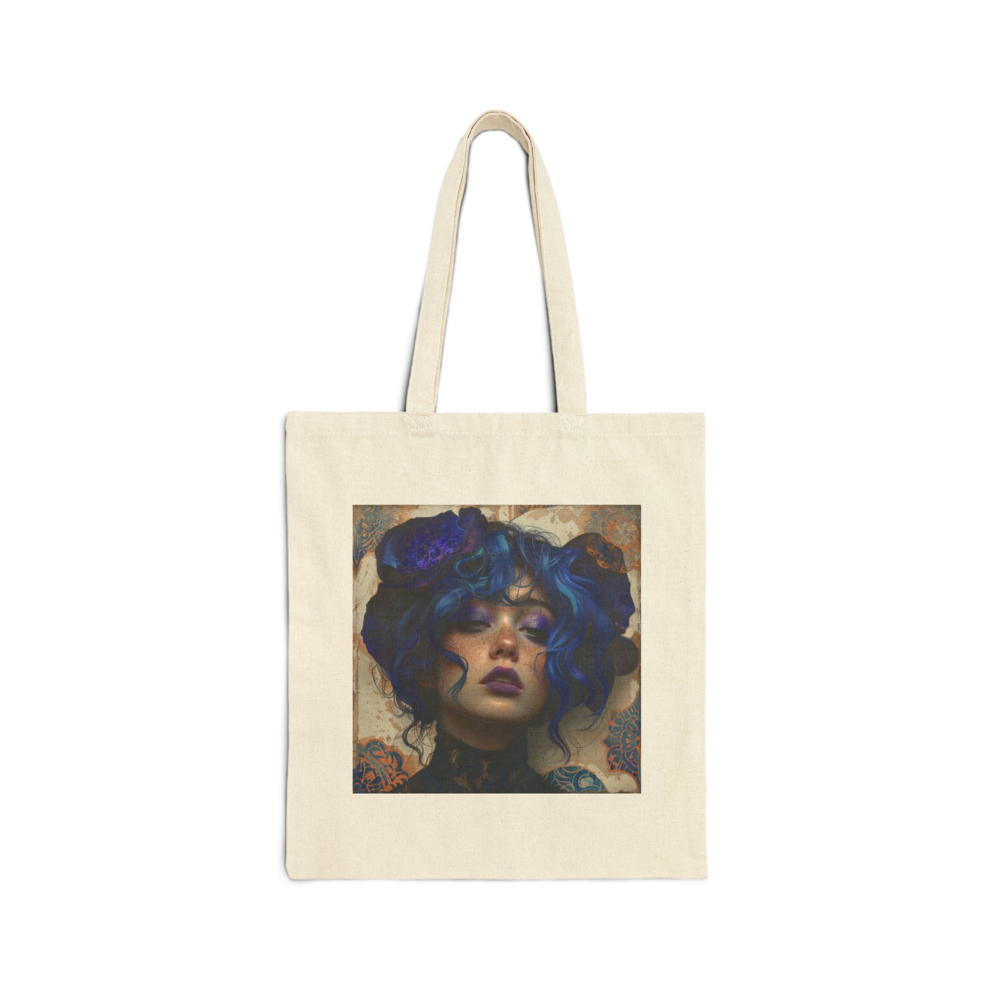Cotton Canvas Tote Bag: lady with blue and purple hair