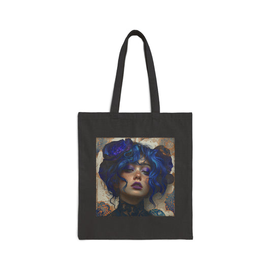 Cotton Canvas Tote Bag: lady with blue and purple hair