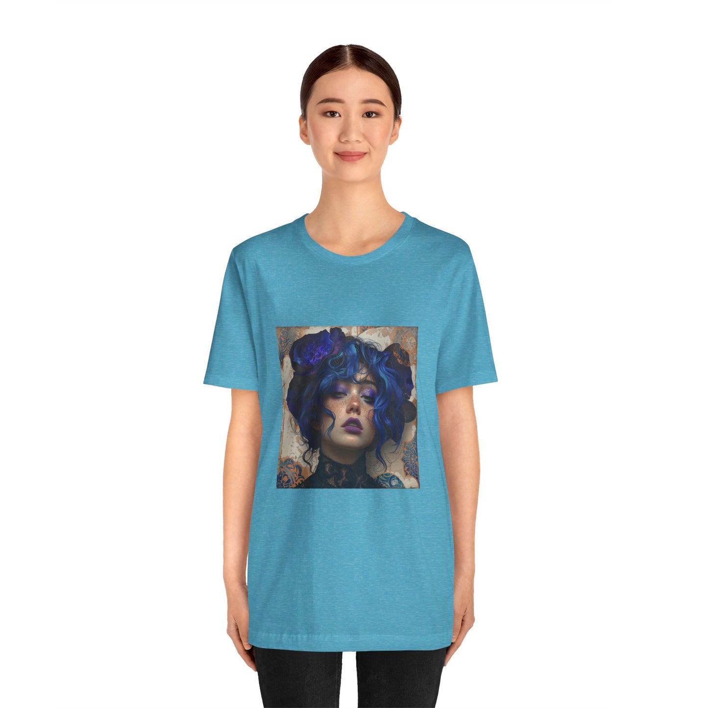 Unisex Jersey Short Sleeve Tee: lady with blue and purple hair