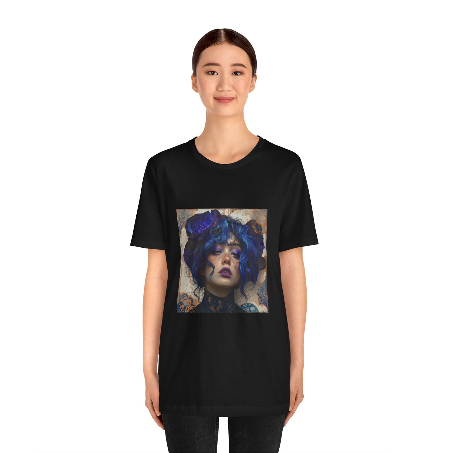 Unisex Jersey Short Sleeve Tee: lady with blue and purple hair